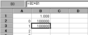 (1+利率)をB1に書く